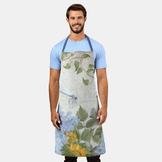Gelbe Sonnenblume Blauer Hydrangee w Dragonfly Schürze (Getragen)