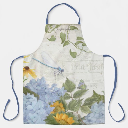 Gelbe Sonnenblume Blauer Hydrangee w Dragonfly Schürze (Vorderseite)