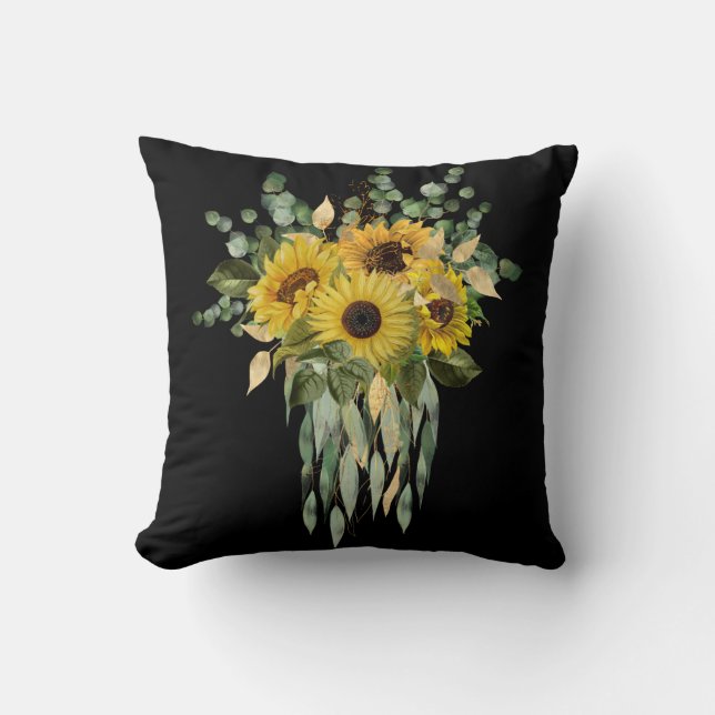 GELBE SONNENBLUME EUCALYPTUS CUSHION SCHWARZ KISSEN (Vorderseite)