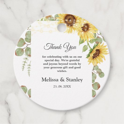 Gelbe Sonnenblume Eukalyptus String Lights Hochzei Geschenkanhänger (Vorderseite)