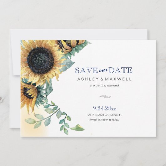 Gelbe Sonnenblume Flat Save the Date Card (Vorderseite)