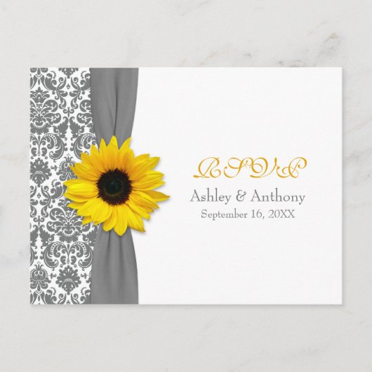 Gelbe Sonnenblume Grau Damask Hochzeitskarte UAWG Einladungspostkarte (Vorderseite)
