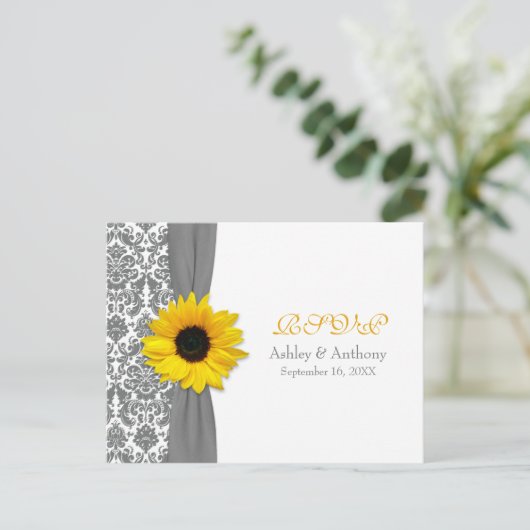 Gelbe Sonnenblume Grau Damask Hochzeitskarte UAWG Einladungspostkarte (Stehend Vorderseite)