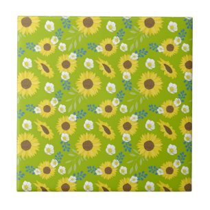 Gelbe Sonnenblume Grüner Hintergrund Blume Floral Fliese