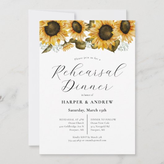 Gelbe Sonnenblume Hochzeitsessen Probe Einladung (Vorderseite)