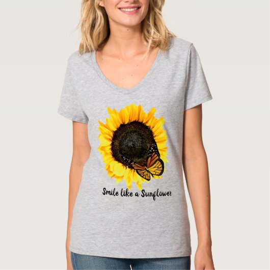 Gelbe Sonnenblume im Sommerstil und Schmetterling T-Shirt (Vorderseite)