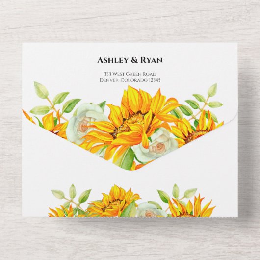 Gelbe Sonnenblume in einer Hochzeitsreise All In One Einladung (Rückseite)