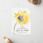 Gelbe Sonnenblume in Vase Gedächtnisbeerdigung tei Mitteilungskarte (Vorderseite/Rückseite Beispiel)