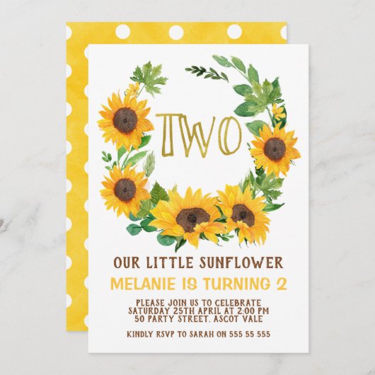 Gelbe Sonnenblume Kranz 2. Geburtstag Einladung (Vorne/Hinten)