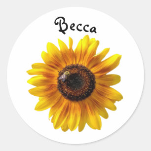 Gelbe Sonnenblume mit Biene Personalisiert Runder Aufkleber