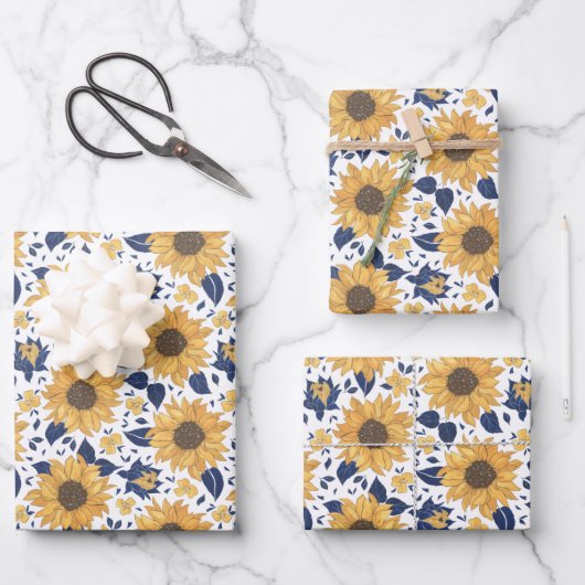 Gelbe Sonnenblume mit blauen Navy-Blätter   Geschenkpapier Set (Vorderseite)