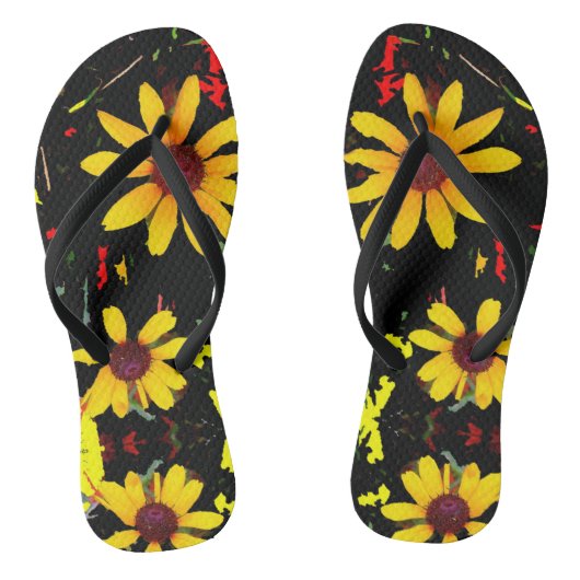 Gelbe Sonnenblume mit Confetti - Schwarzer Dreh Fl Badesandalen (Fußbett)