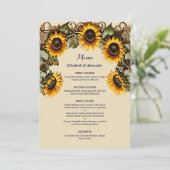 Gelbe Sonnenblume mit Kunstrahmen Hochzeit Menükarte (Stehend Vorderseite)