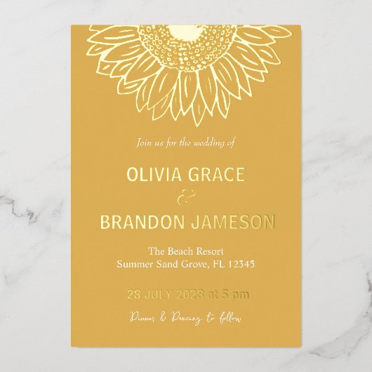 Gelbe Sonnenblume Moderne Blumenhochzeit Folieneinladung (Vorderseite)