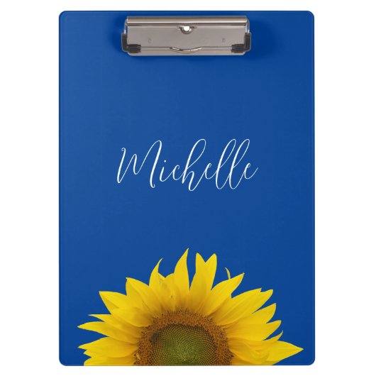 Gelbe Sonnenblume Monogramm Elegant Blau Klemmbrett (Vorderseite)