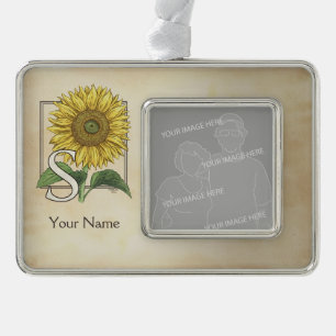 Gelbe Sonnenblume-personalisiertes Monogramm Rahmen-Ornament Silber