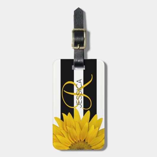 Gelbe Sonnenblume schwarz u. weiße Streifen mit Gepäckanhänger (Vorderseite vertikal)