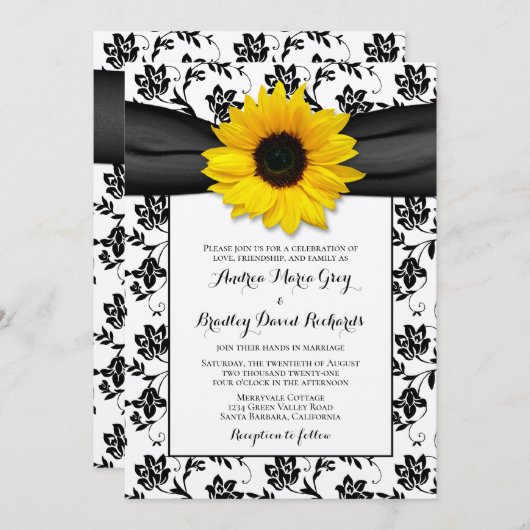 Gelbe Sonnenblume Schwarzer Damast Blumenzehen Einladung (Vorne/Hinten)