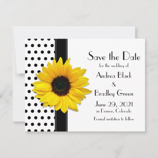Gelbe Sonnenblume Schwarzer Polka Punkte Save the  Date (Vorderseite)