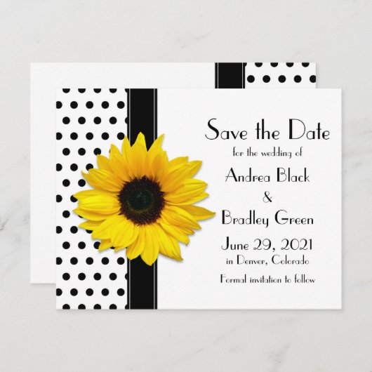 Gelbe Sonnenblume Schwarzer Polka Punkte Save the Save The Date (Vorne/Hinten)