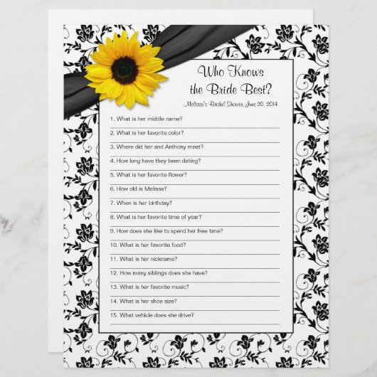 Gelbe Sonnenblume Schwarzes Brautparty Spiel (Vorne/Hinten)