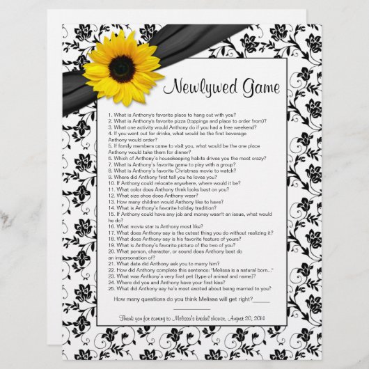 Gelbe Sonnenblume Schwarzes Brautparty Spiel (Vorne/Hinten)