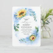 Gelbe Sonnenblume und blaue Hydrangea-Babydusche Einladung (Stehend Vorderseite)