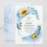 Gelbe Sonnenblume und blaue Hydrangea-Babydusche