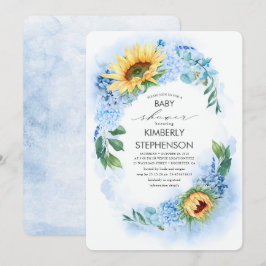 Gelbe Sonnenblume und blaue Hydrangea-Babydusche Einladung