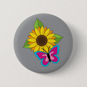 Gelbe Sonnenblume und blauer rosa Schmetterling Button
