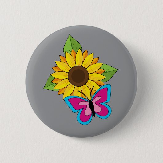 Gelbe Sonnenblume und blauer rosa Schmetterling Button (Vorderseite)