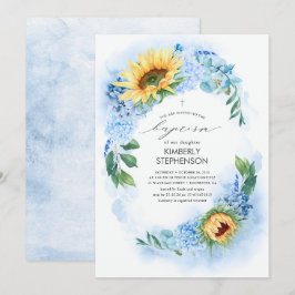 Gelbe Sonnenblume und Dusty Blue Hydrangea Taufe Einladung