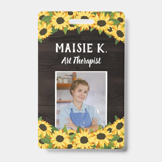 Gelbe Sonnenblume und rustikales dunkles Holz Foto Ausweis (Vorderseite)