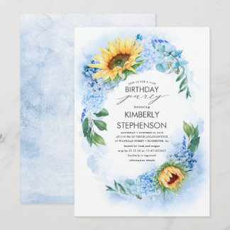 Gelbe Sonnenblume und trockene blaue Hydrangea zum Einladung