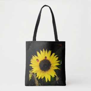 Gelbe Sonnenblume und zwei Marienkäfer Tasche