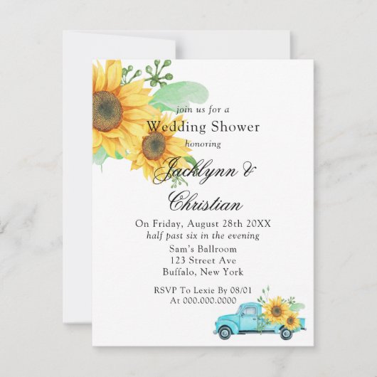 Gelbe Sonnenblume Vintag Aqua Truck Polterabend Einladung (Vorderseite)