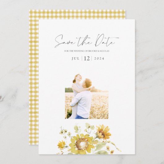 Gelbe Sonnenblume Wasserfarbe Hochzeitsstich Foto Save The Date (Vorne/Hinten)