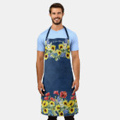 Gelbe Sonnenblume Wasserfarbe Roter Mohn Navy Blau Schürze (Getragen)