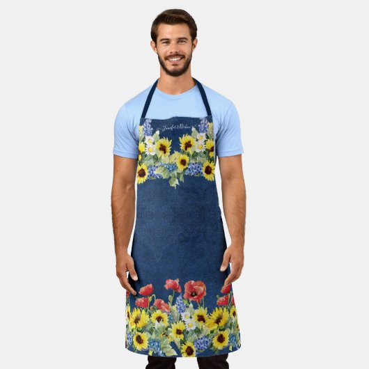 Gelbe Sonnenblume Wasserfarbe Roter Mohn Navy Blau Schürze (Getragen)