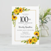 Gelbe Sonnenblume Weiße Daisy Blüte 100. Geburtsta Einladung (Stehend Vorderseite)