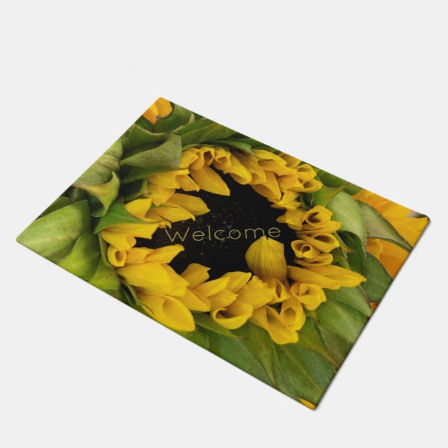 Gelbe Sonnenblume Willkommenstext Fußmatte (Schrägansicht)