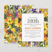 Gelbe Sonnenblumen 100. Geburtstagsfeier Einladung (Vorne/Hinten)