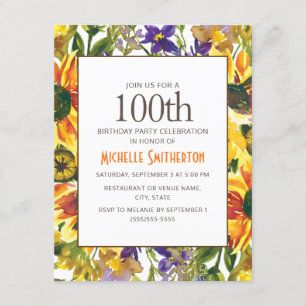 Gelbe Sonnenblumen 100. Geburtstagsfeier Einladung