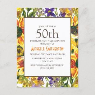 Gelbe Sonnenblumen 50. Geburtstagsparty Einladung