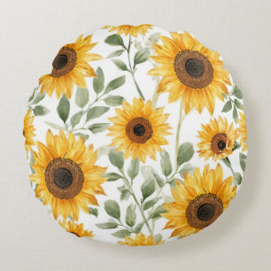 Gelbe Sonnenblumen Aquarell-Blumenmalerei Rundes Kissen