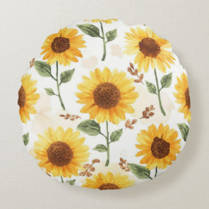 Gelbe Sonnenblumen Aquarell Floral Whimsical Rundes Kissen