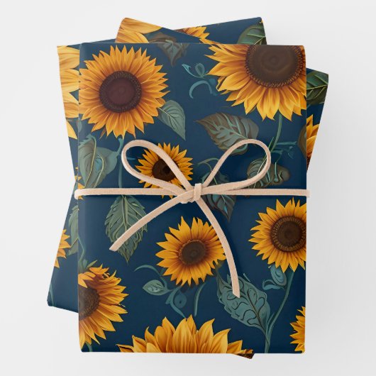 Gelbe Sonnenblumen auf einem blauen Hintergrund Geschenkpapier Set (Beispiel)