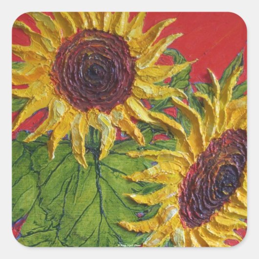 Gelbe Sonnenblumen auf rotem Aufkleber (Vorderseite)
