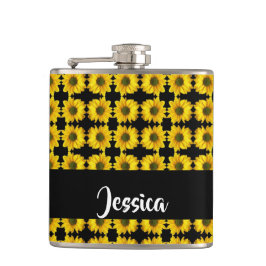 Gelbe Sonnenblumen auf schwarz Flachmann