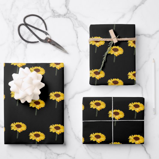 Gelbe Sonnenblumen auf schwarz Geschenkpapier Set (Vorderseite)